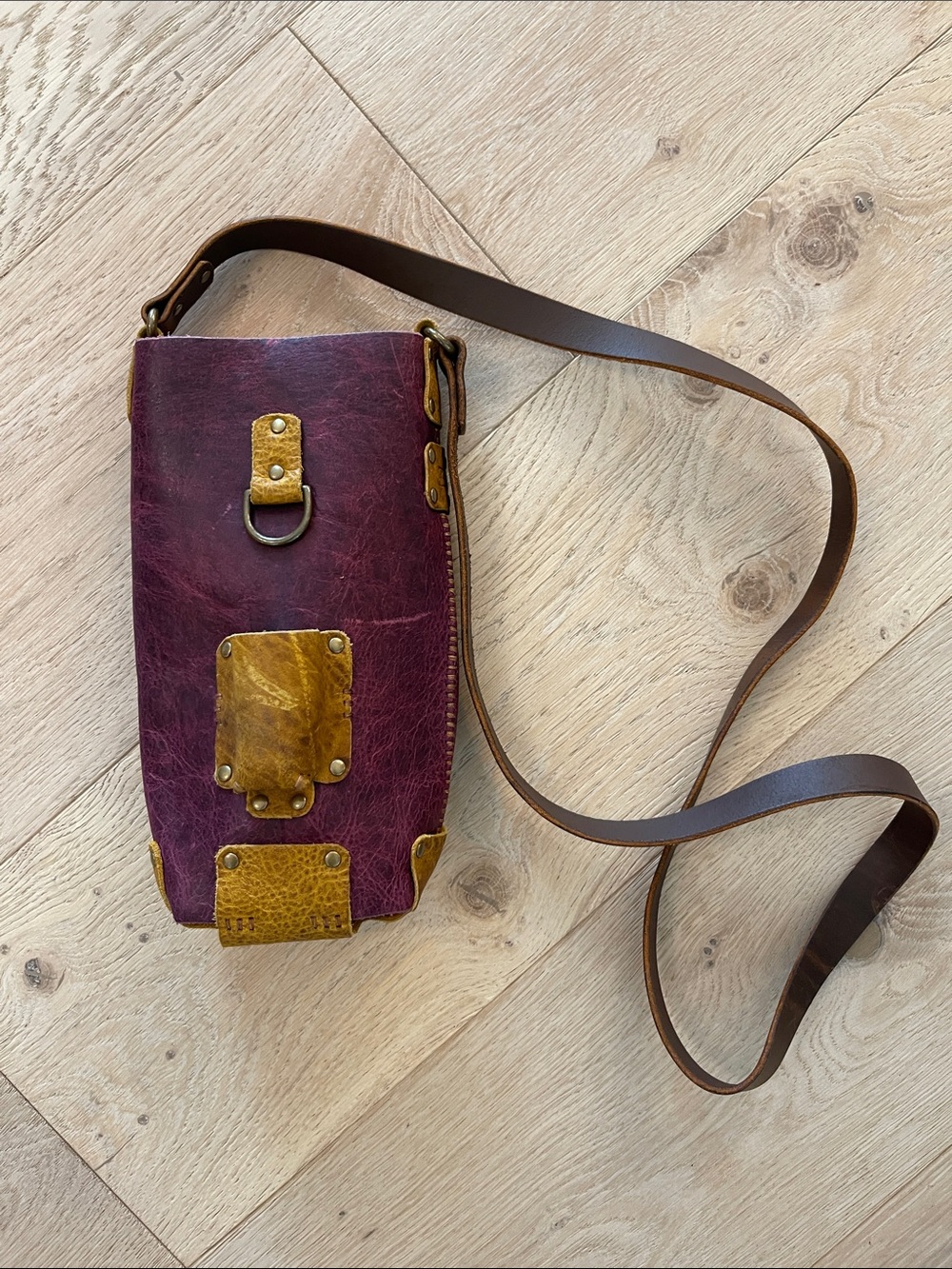 Leather Crossbody Pouch Bag - Burgundy with Tan Accents